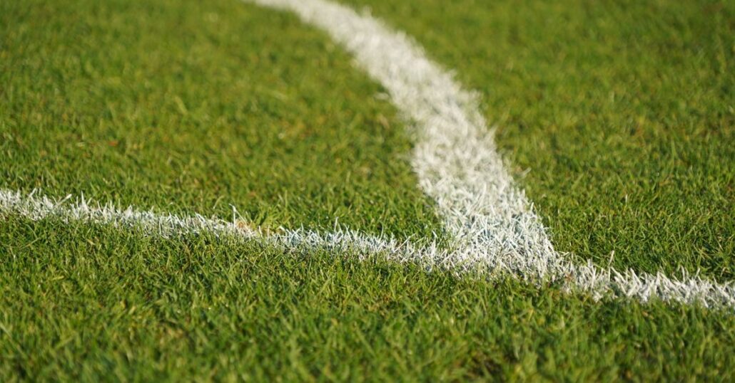Detailed close-up of a white line on green grass, perfect for sports and nature themes.