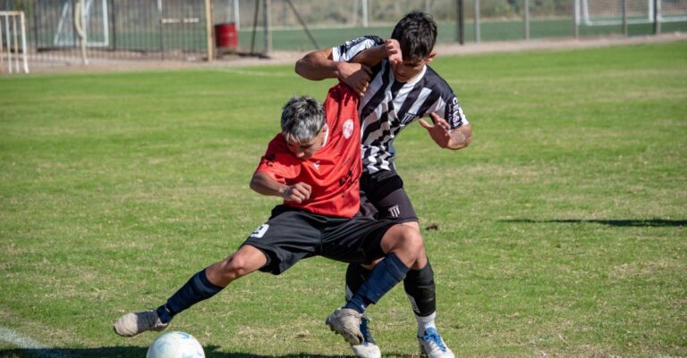 Two male soccer players in action on the field during a match.