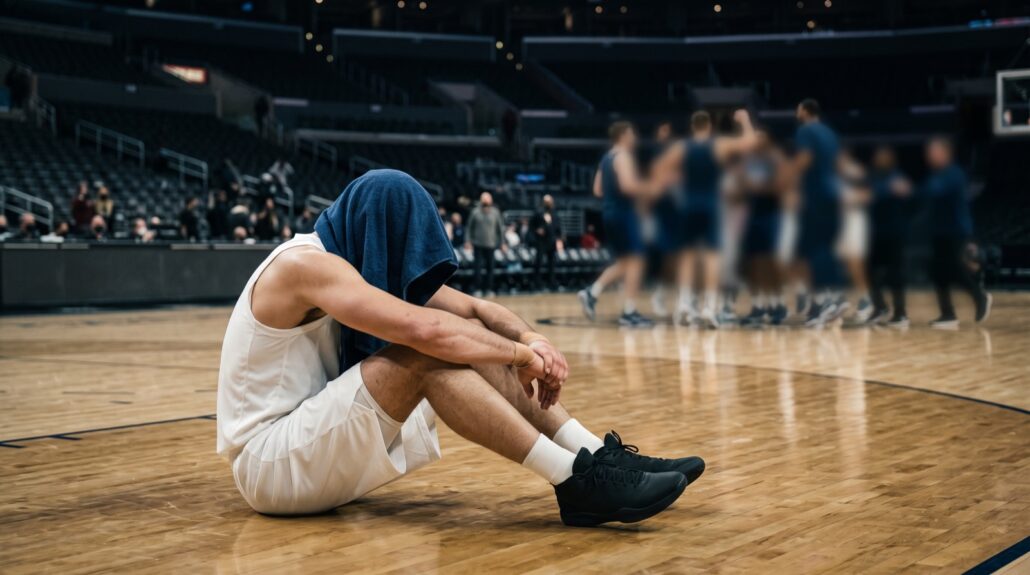 Giocatore di basket seduto sul parquet con l'asciugamano in testa dopo la sconfitta