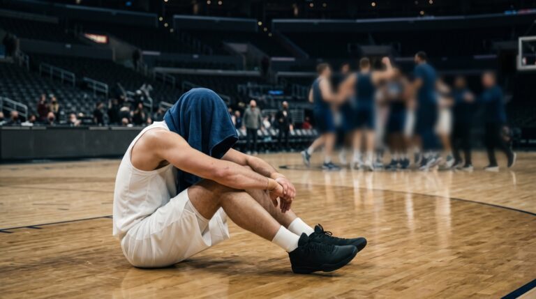 Giocatore di basket seduto sul parquet con l'asciugamano in testa dopo la sconfitta