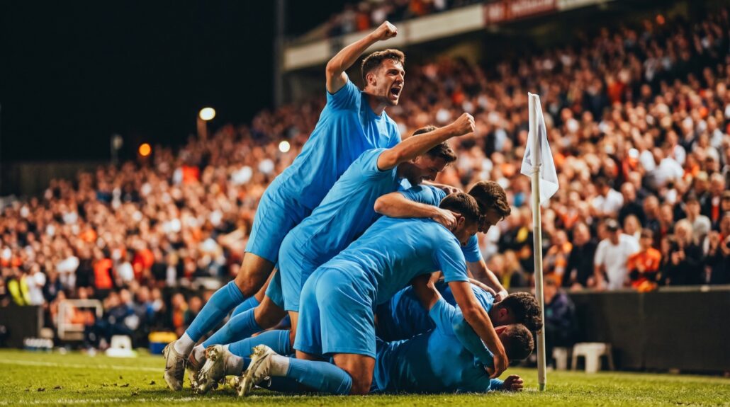 Giocatori festeggiano un gol vicino alla bandierina