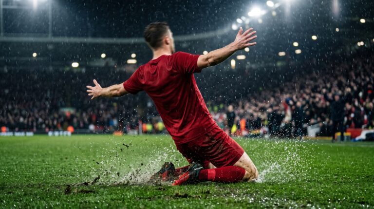 Esultanza in scivolata sull'erba bagnata dopo un gol