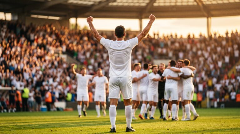 Capitano esulta a braccia alzate mentre la squadra festeggia la vittoria