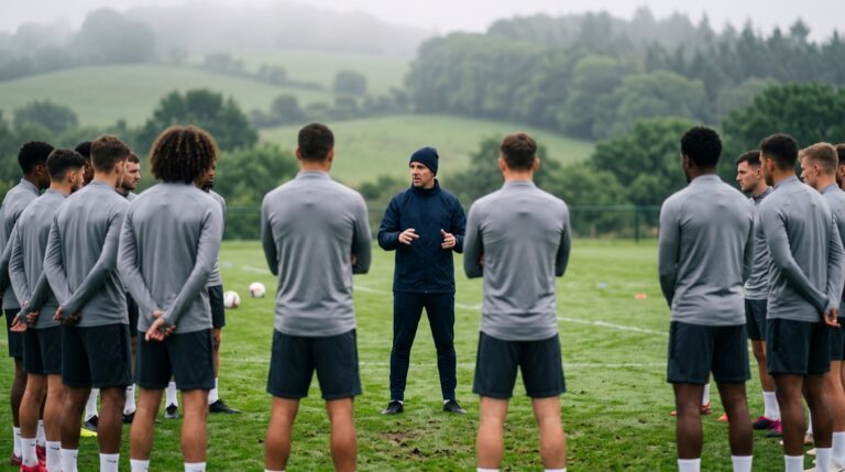 Allenatore parla alla squadra riunita in cerchio durante l'allenamento