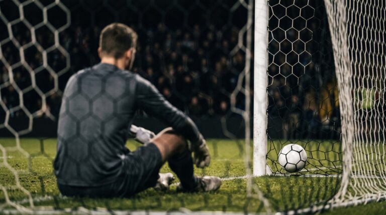Portiere seduto in porta guarda il pallone in fondo alla rete