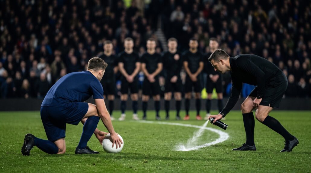Arbitro traccia la linea con lo spray prima della punizione