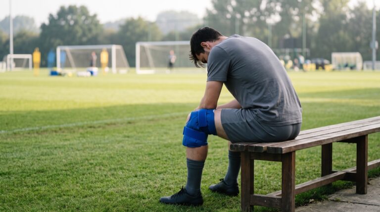 Calciatore con il ghiaccio sul ginocchio seduto da solo in panchina al centro sportivo