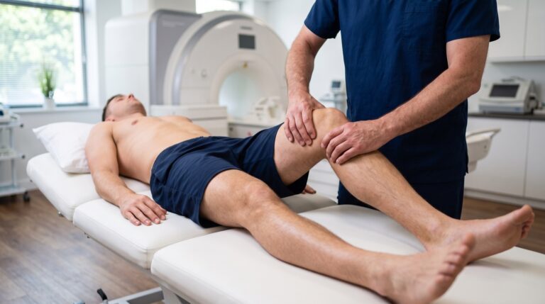 Medico sportivo visita il ginocchio di un calciatore in clinica