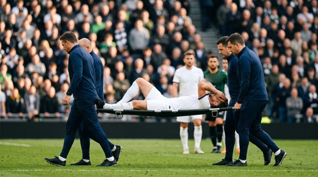 Calciatore portato fuori dal campo in barella dallo staff medico