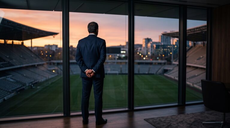 Presidente del club osserva lo stadio dalla finestra al tramonto