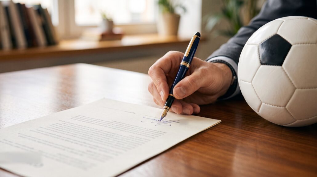 Firma del contratto con la penna stilografica accanto a un pallone