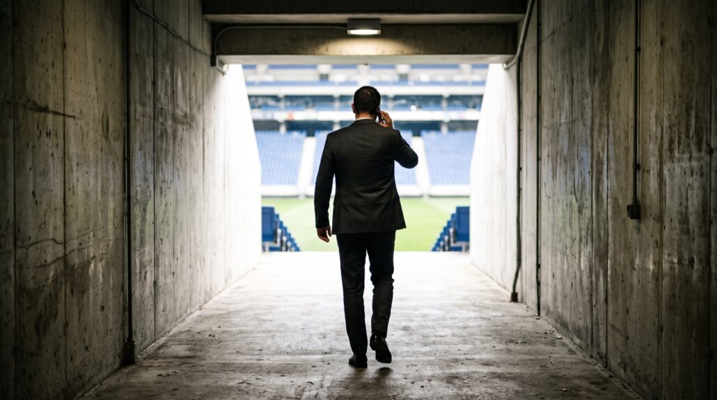 Dirigente al telefono nel tunnel dello stadio verso il campo