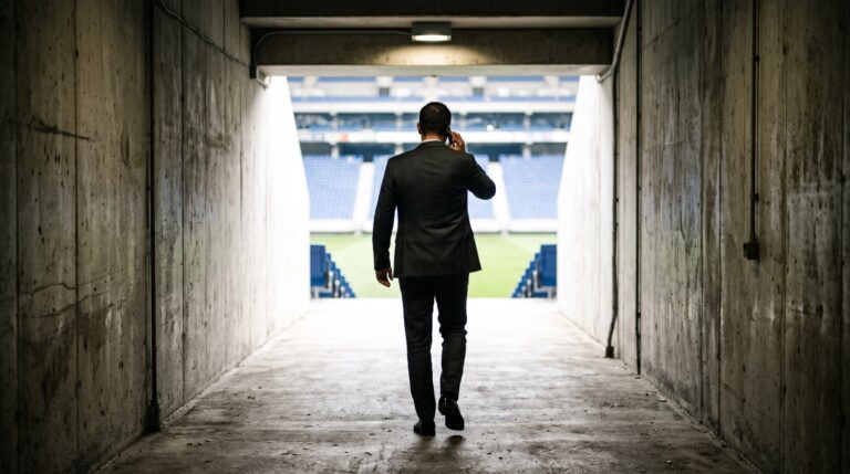 Dirigente al telefono nel tunnel dello stadio verso il campo