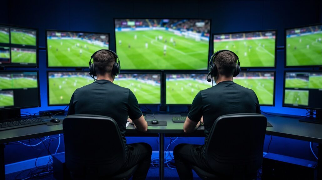 Sala VAR con gli ufficiali di gara davanti ai monitor