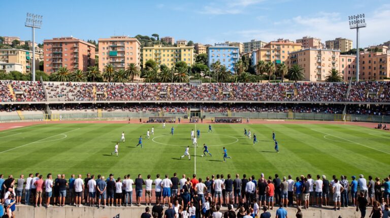 Stadio del sud Italia sotto il sole con palme e palazzi sullo sfondo