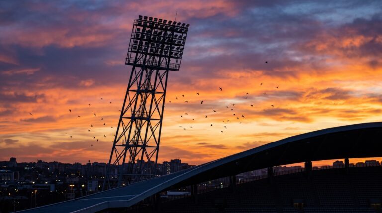 Torre dei riflettori dello stadio contro il cielo al tramonto