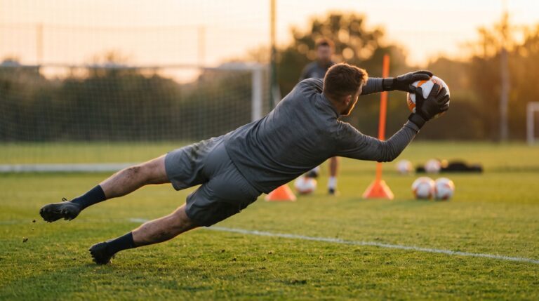 Portiere in tuffo durante l'allenamento al tramonto