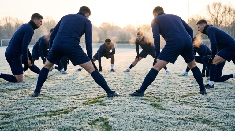 Giocatori fanno stretching sul campo gelato al mattino