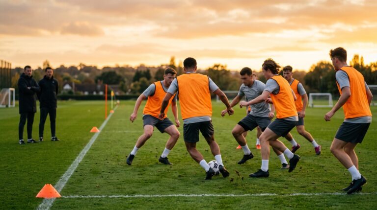Partitella in allenamento con le pettorine arancioni al tramonto