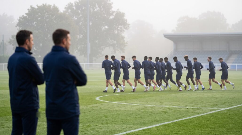 Squadra corre in fila sul campo d'allenamento nella nebbia del mattino