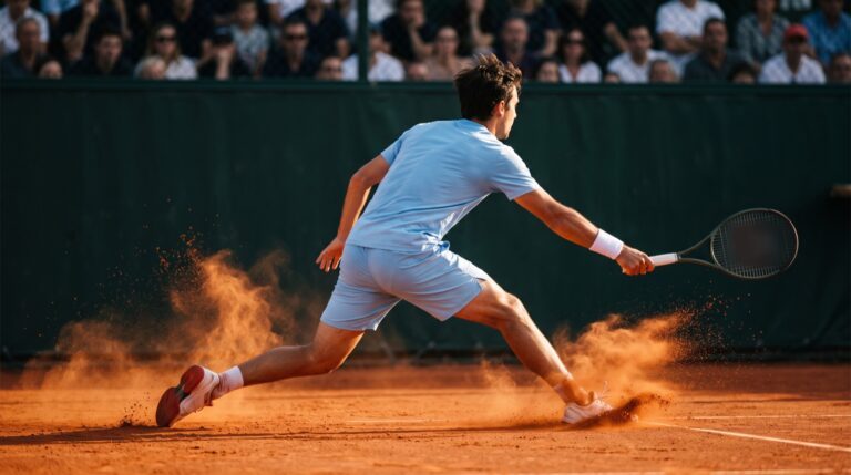 Tennista scivola sulla terra rossa per raggiungere un dritto