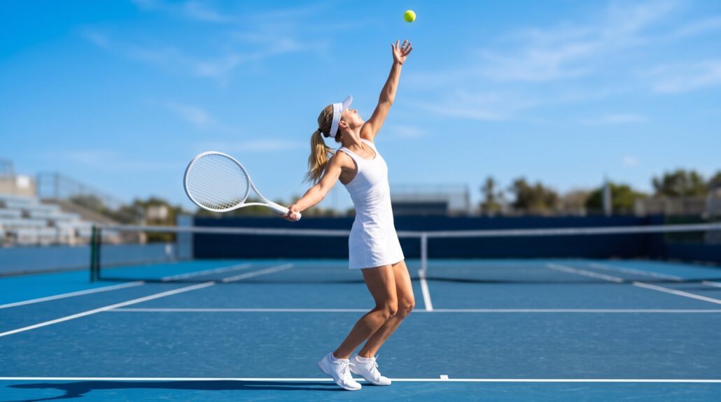 Tennista lancia la palla per il servizio sul cemento in una giornata di sole